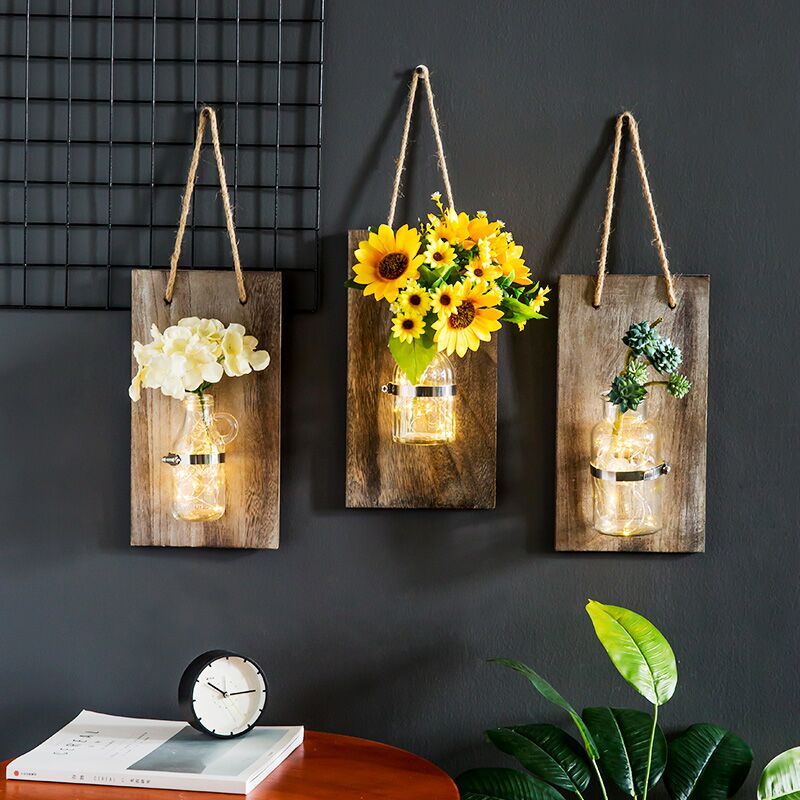 Vase mural en verre Vintage bois suspendus Pot de fleur hydroponique plante mur planteur maison salon Restaurant décor mural