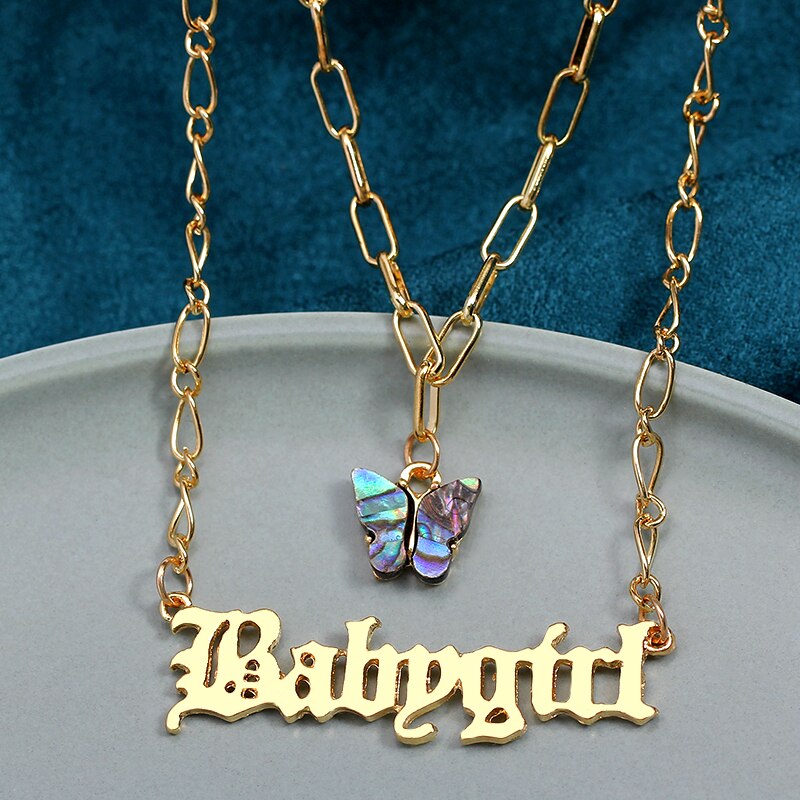 Flatfoosie Multilayer Butterfly Pendant Necklace for Women Gold Color Babygirl Letter Necklace Collar Punk Jewelry