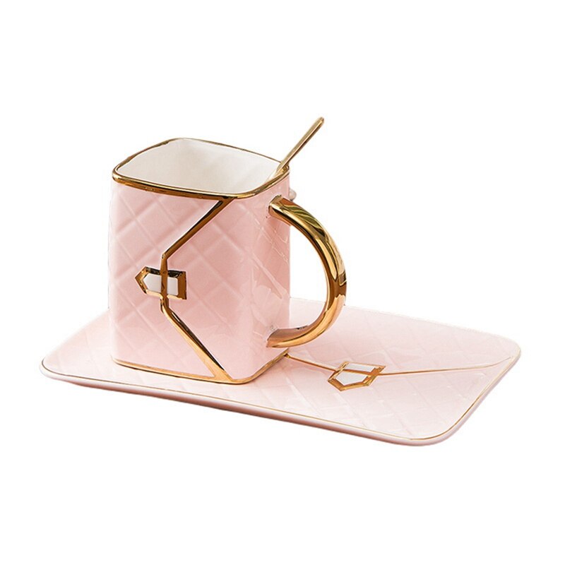 Gold-Painted Coffee Cup and Saucer Set Bag Modeling Ceramic Saucer Mug Cup Coffee Cups Originality: pink
