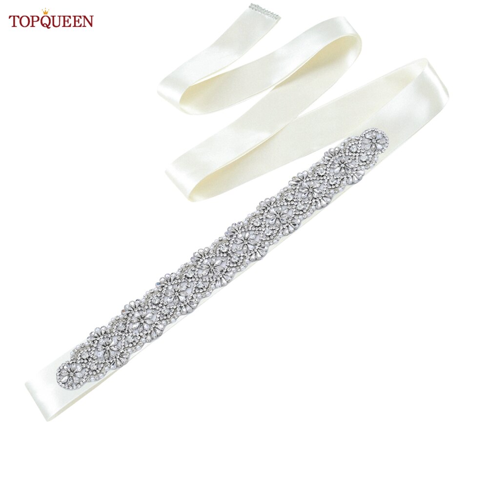 TOPQUEEN S04B damski luksusowy pasek srebrny Rhinestone pas biodrowy ślub kobieta pas pas ślubny aplikacja pasy dla kobiet szeroki: off white ribbon