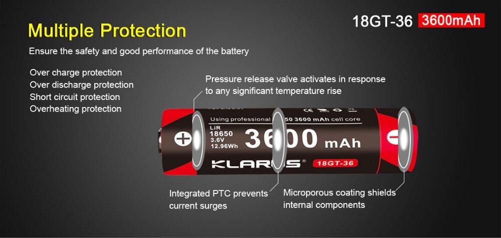 2 stk klarus 18650 3600 mah 18gt-36 3.6v li-ion batteri højtydende 18650 li batteri