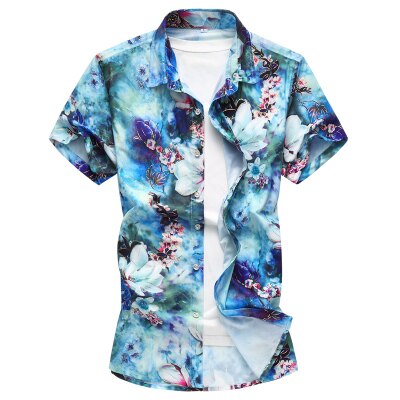 Summer Men's Flower Shirt Print Short Sleeve Shirt Mens Clothing Trend Casual Mens Floral Social Shirts M-7XL: Blue / L