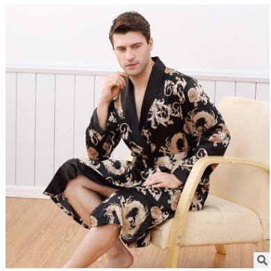 Luksus mænds silke kappe drage print langærmet elskere badekåber kimono v-hals silke nattøj dame kappe kimono: Mænds stil / Xxxl