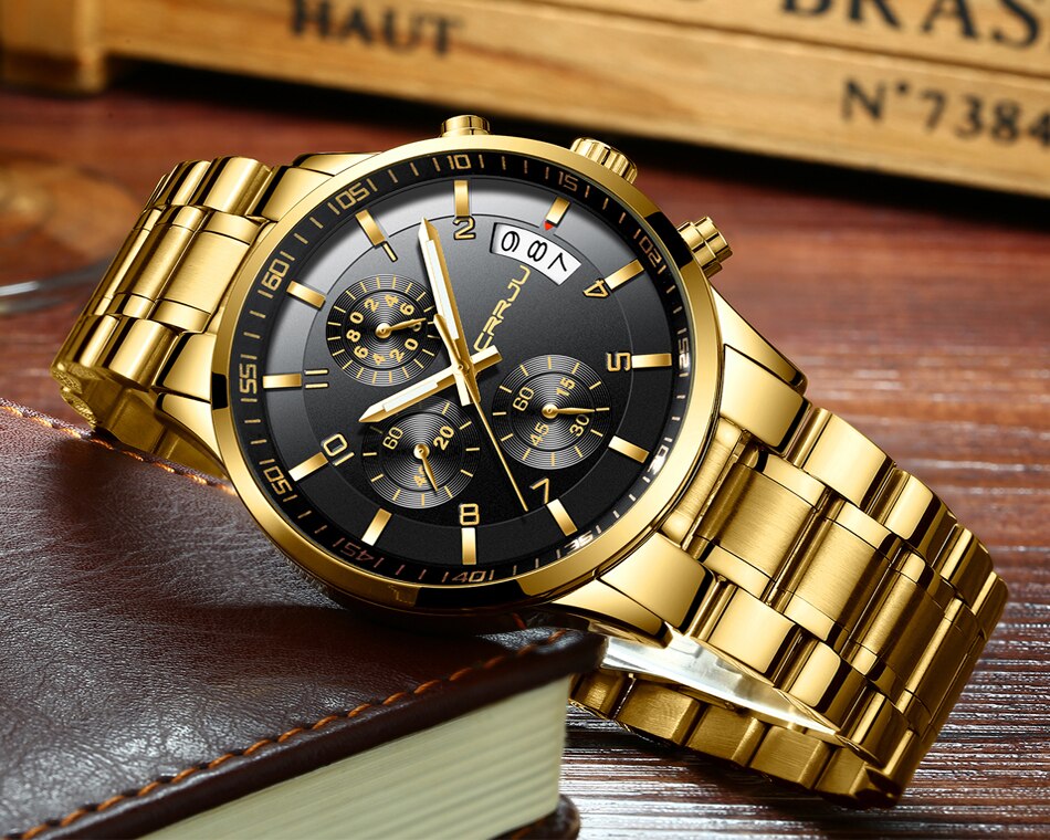 CRRJU cronógrafo relojes duraderos hombres Casual negocios impermeable oro negro Acero completo cuarzo reloj Relogio Masculino 2214