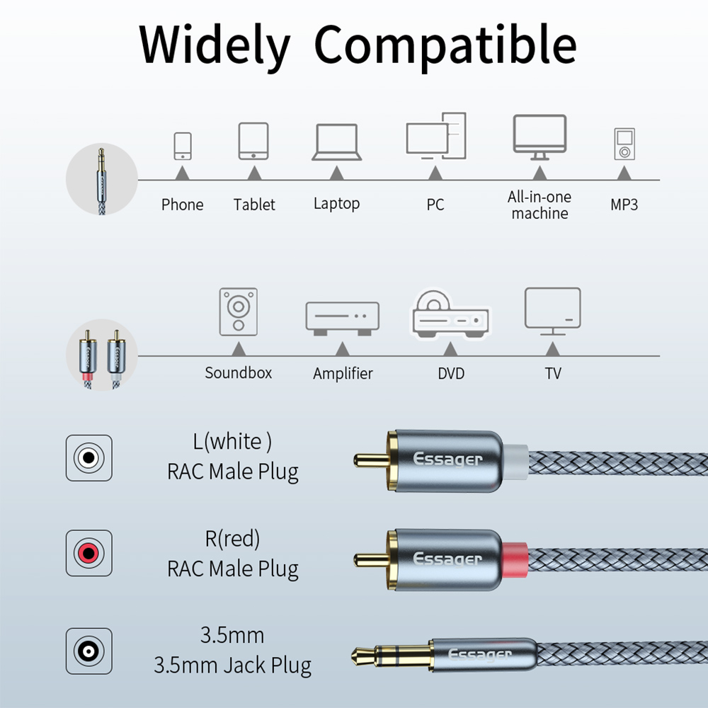 Essager Cable de Audio RCA Jack 3,5 a 2 Cable RCA conector de 3,5mm a 2RCA macho Cable Aux divisor para TV PC amplificadores Cable de altavoz DVD
