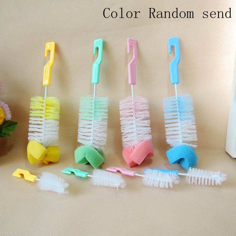 2 in 1 Multifunction Baby Bottle Brushes Nipple Pacifier Spout Tube Sponge Brushes Kids Milk Feeding Bottle Cleaning Brush Set: style 1 random color