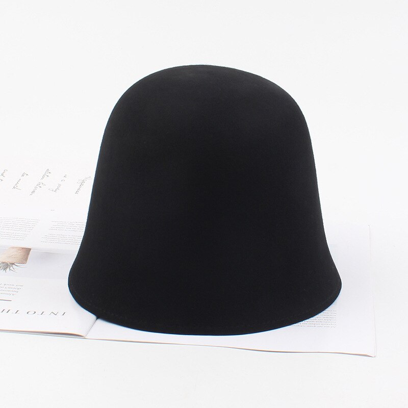 Autumn Wool Bucket Hats Women Bucket Caps Solid Simplicity Hat Caps For Lady: Black