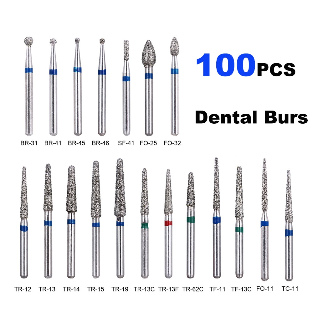 100PCs Dental Diamond Burs Drill Dentistry Burs Dia-burs for High Speed Handpiece Handle Diameter 1.6mm Dentist Tools BR31 FO32