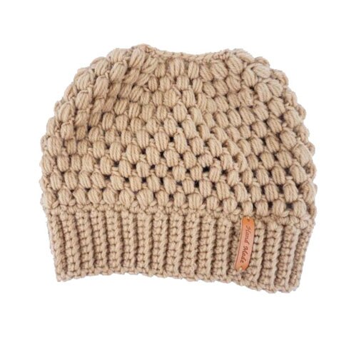 Kvinder piger stretch strik hat rodet høj bolle hestehale beanie varm hul heste hestehale stretchy strik hæklet kraniet cap: E
