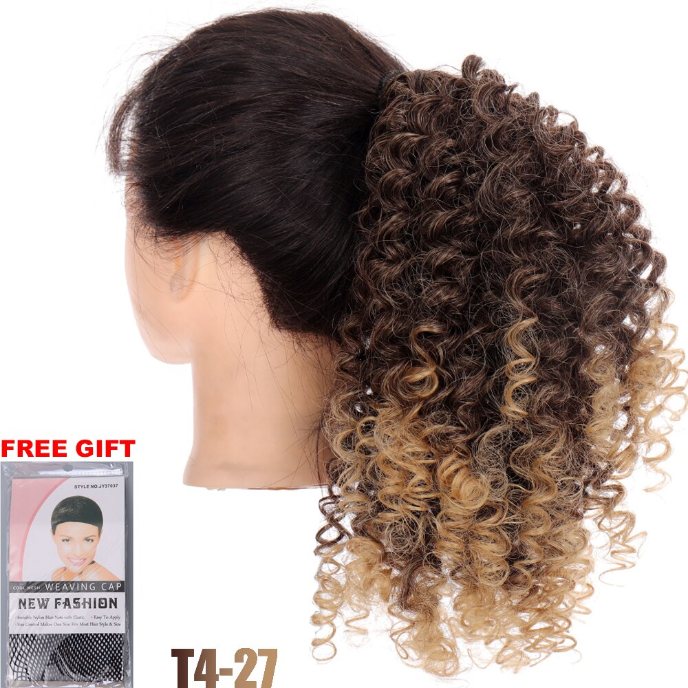 XUANGUANG Short Kinky Curly Drawstring Cooperate 2 Clips Ponytail Synthetic Curly Hair Extensions For Women: T4-27