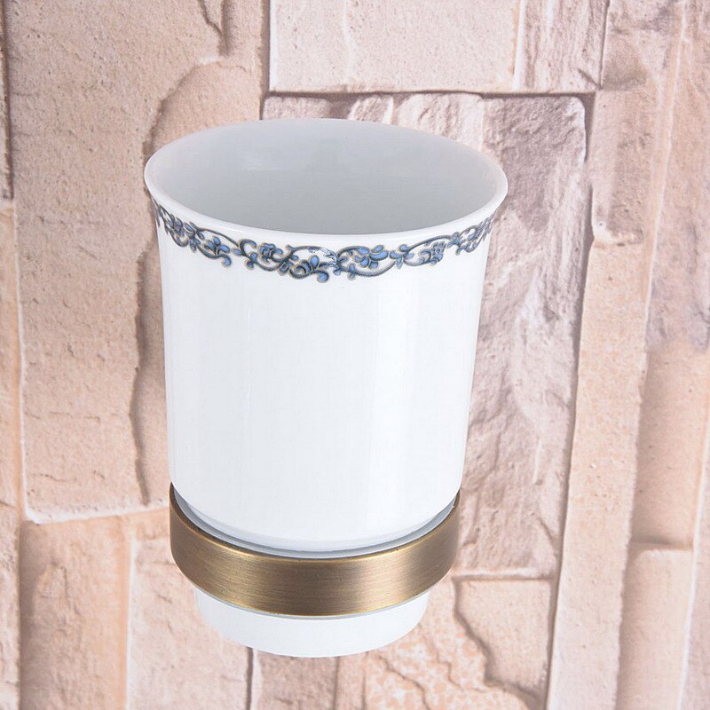 Antique Brass Single Toothbrush Holder With Ceramic Flower Cup Wall Mounted Bathroom Accessories aba744