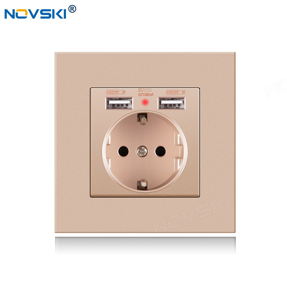 NOVSKI Pop Socket, USB-разъем 220, Electrical German Outlet, 2.1A Dual USB Charging Port with Soft LED Indicator: Pc Panel Golden