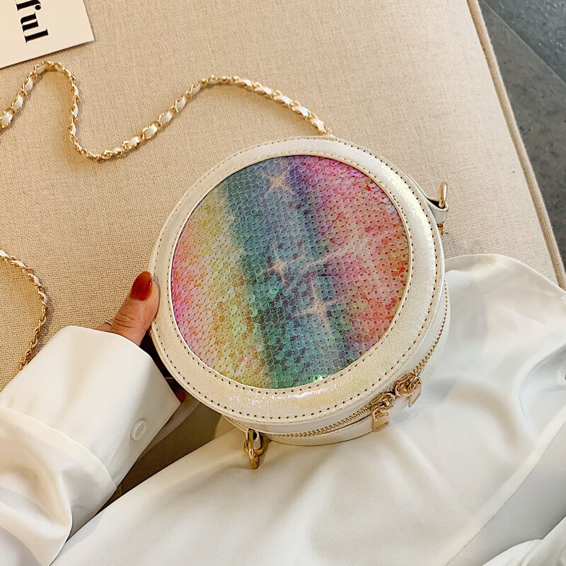 Kleurrijke pailletten ronde witte en blauwe nieuwe dames schoudertas met ketting, handtassen en portemonnees, crossbody mini tas voor dames, bosla tote bag