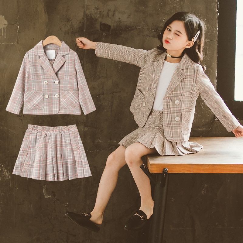 Girls Clothing Sets Spring Autumn Kids Plaid Suit Long-Sleeved Girls Outfits Children School Clothes 4 6 8 10 12 Years