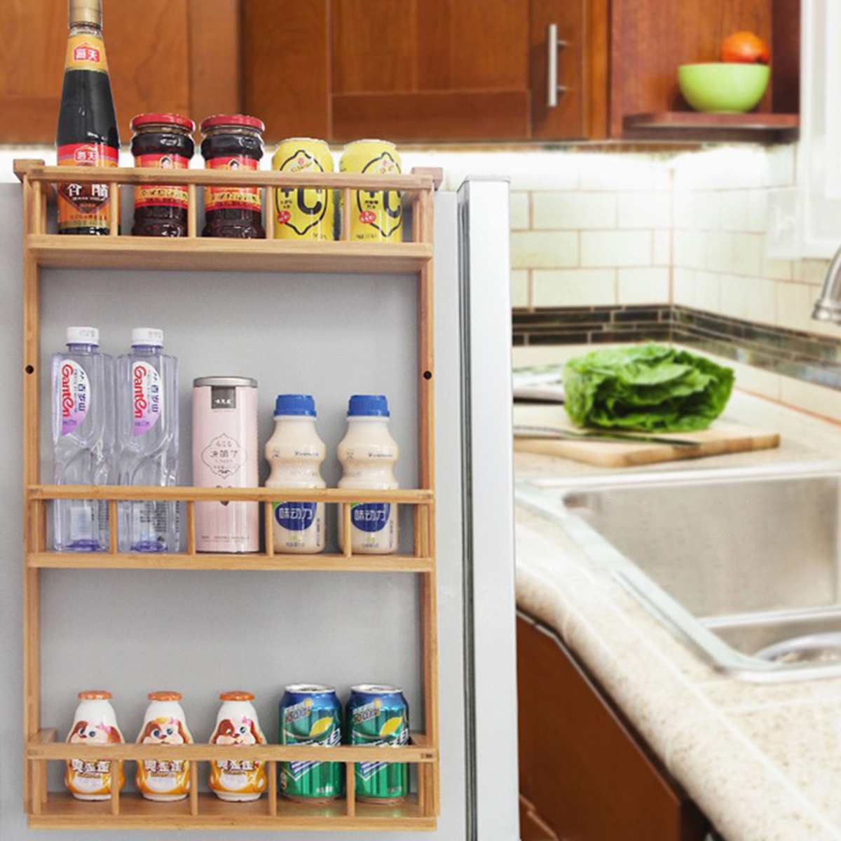 Multi-Layer Bamboo Adjustable Refrigerator Shelf Fridge Side Rack Sidewall Holder Kitchen Supplies Organizer Side Hanging Rack
