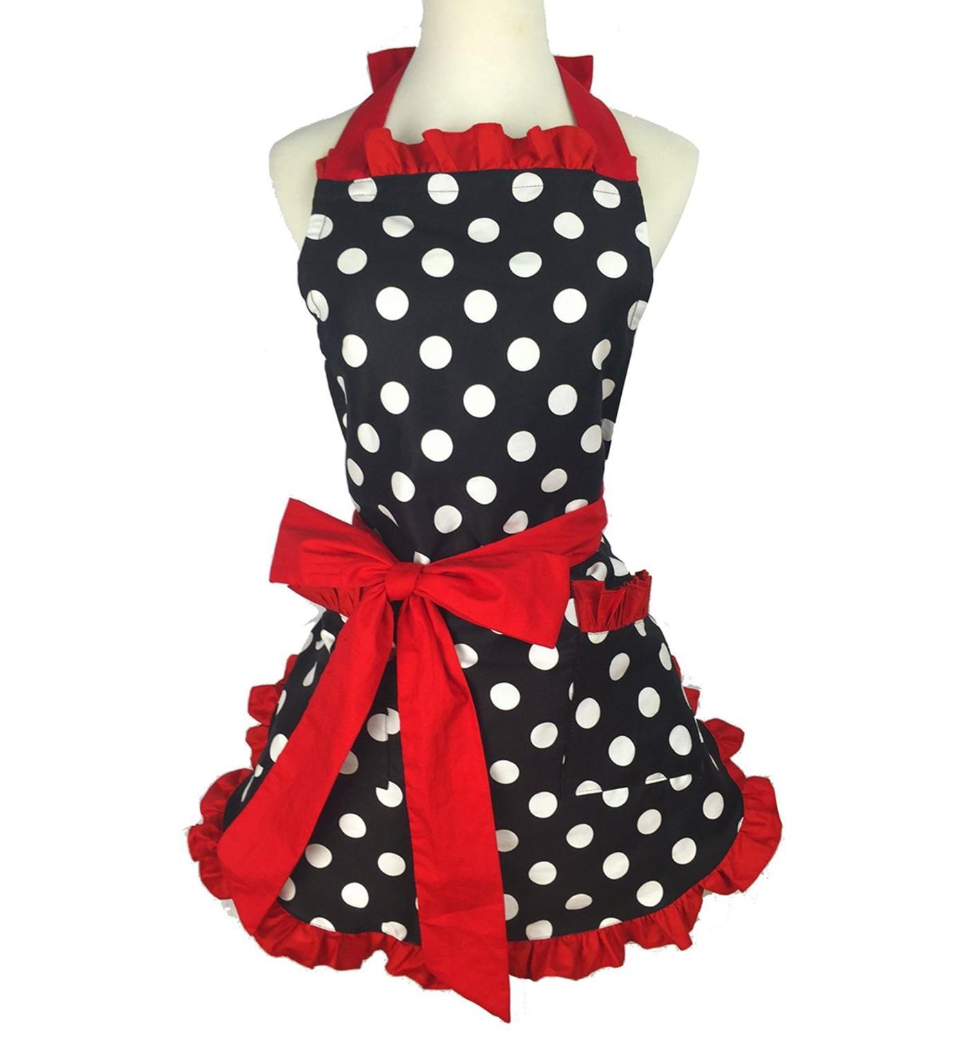 Retro forklæde til kvinder super sød og sjov sløjfe med lomme justerbar bomuld polka prikker sarte hemline madlavningsforklæder: Rød
