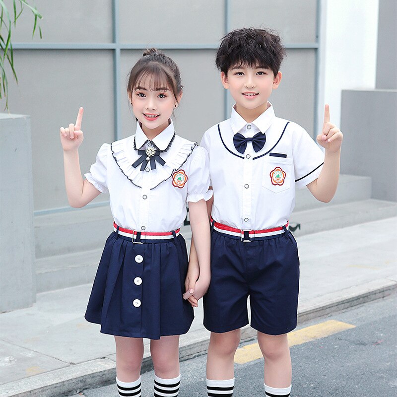 japanese school uniform boys and girls summer short-sleeved shirt suit British style children&#39;s graduation class costumes