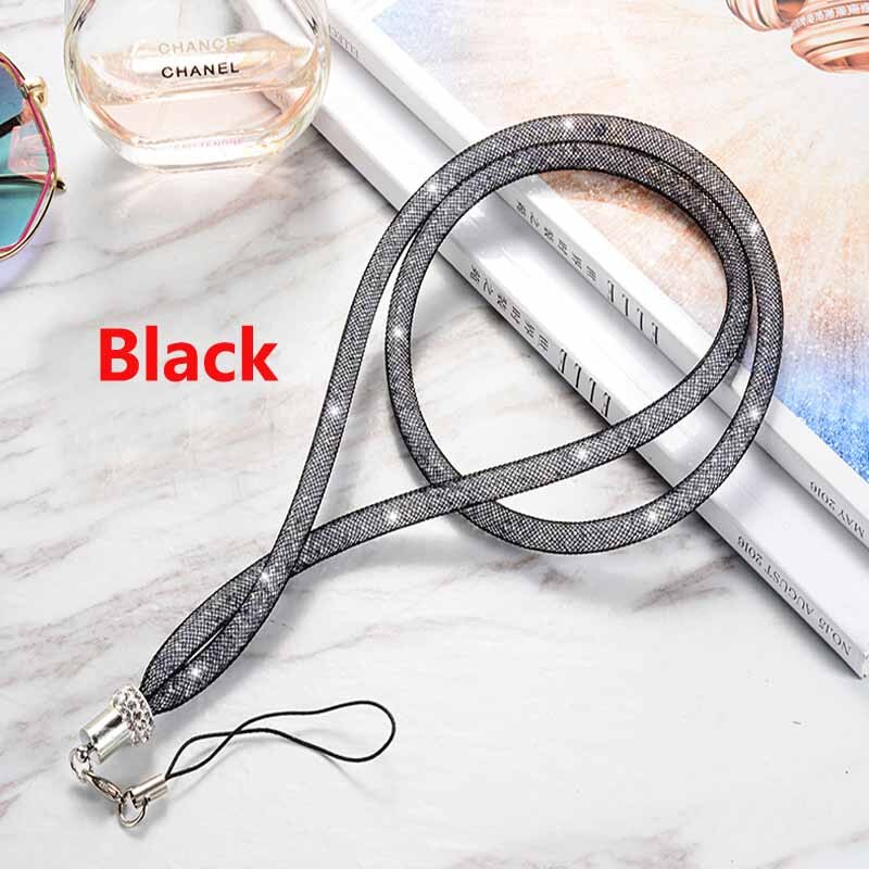 Long Rhinestone fishing net lanyard flash drill mobile phone hanging neck rope crystal diamond fishing net lanyard hanging: Black