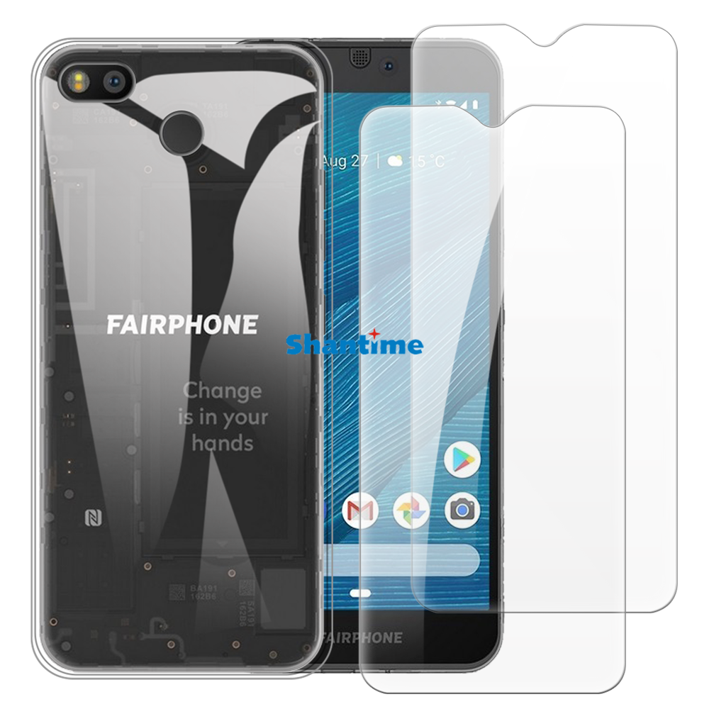Weiche Hülle + 2er-Pack Displayschutzfolien aus gehärtetem Glas für Fairphone 3, 3+, 3 Plus, 3 Pro Ganzkörperschutz: PVC / Freier Raum