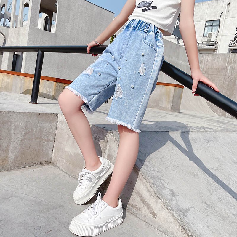 Summer Jeans Girl Pearls Girl Short Jeans Big Hole Trousers For Children Casual Style Children's Jeans Clothes: 5