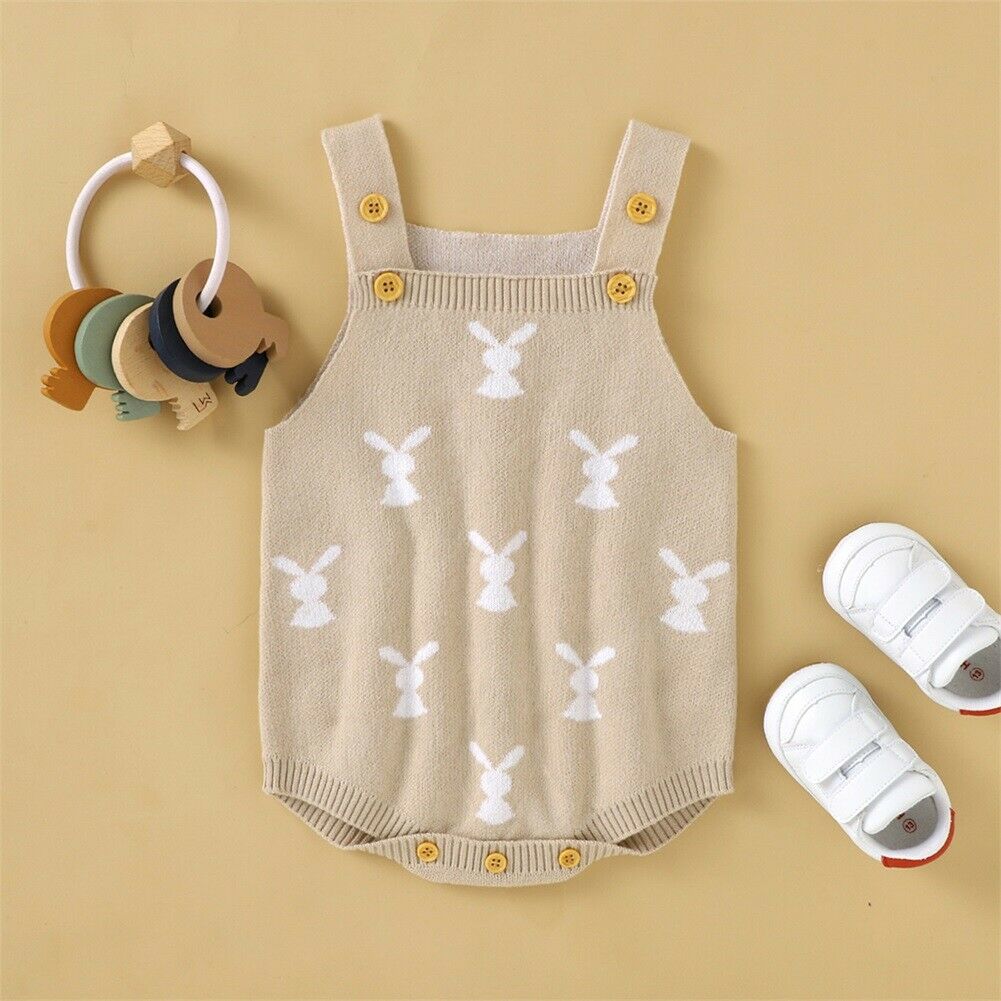 Newborn Baby Girl Clothes Infant Boy Bunny Romper Jumpsuit Overall Easter Outfit: Khaki / 18M
