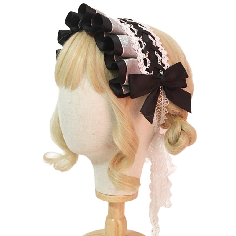Lolita – coiffe japonaise de demoiselle Cosplay, bandeau à nœud papillon croisé à volants, doux ruban de dentelle florale, accessoire de cheveux de fête: BK
