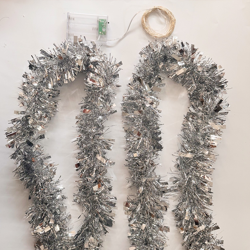 Guirnalda de oropel navideño con 50 luces LED, decoraciones gruesas metálicas brillantes para interiores/exteriores, para fiestas navideñas, 1 ud.: Plata