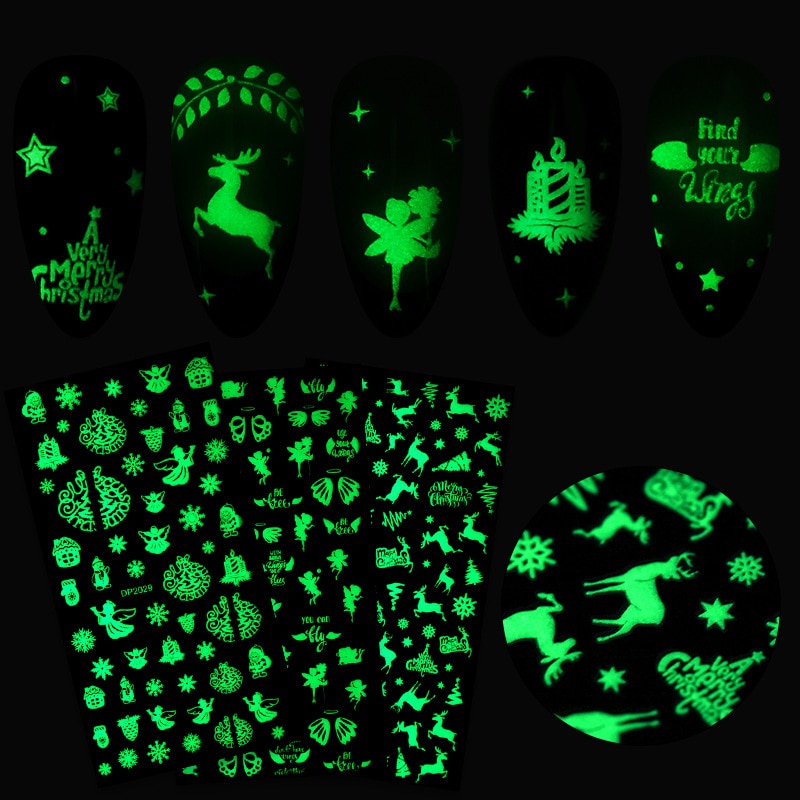 Lichtgevende nagelkunststickers 3d sneeuwvlokken, bladeren, bloemen, vlinders, halloween, kerstmis, glinsterende glitternagelkunstdecoratietool