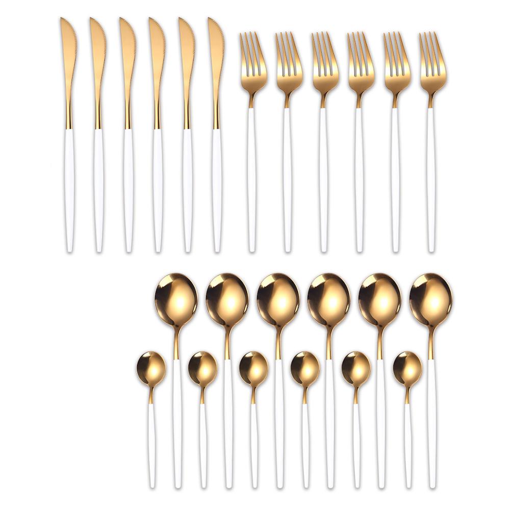 24Pcs Cutlery Set Kitchen Tools Gold Dinnerware Set Stainless Steel Knife Fork Spoon Tableware Set Home Table Decoration Gold: White Gold-24PCS