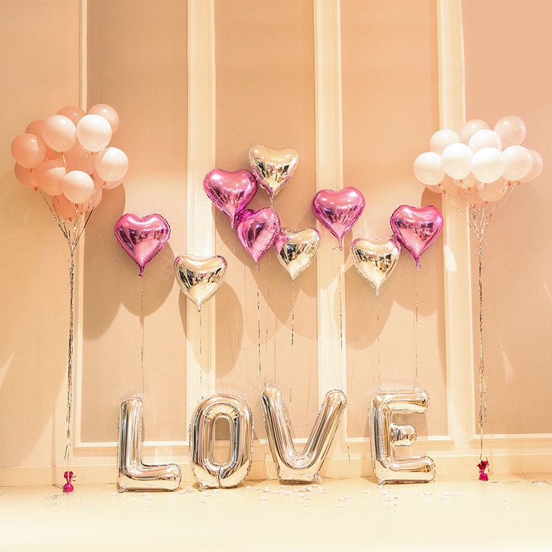 1 Set Folie Ballon 32 inch Zilver "LOVE" Letters Met hartvormige Ballonnen Romantische Bruiloft Gelukkige Verjaardag Party Ballon Decor