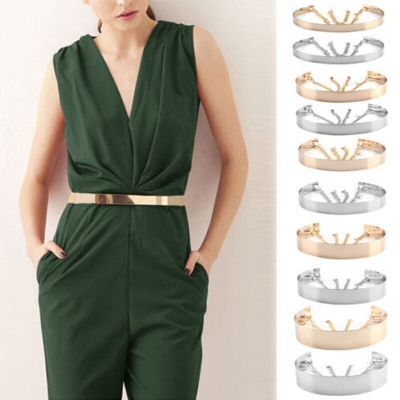 Womens Gold Plate Full Metal Mirror Waist Belt Metallic With Chains Belt