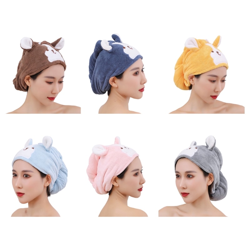 Cartoon Coral Velvet Hair Towel Turban Wrap Quick Dry Shower Hat with Button Cute Dog Microfiber Super Absorbent