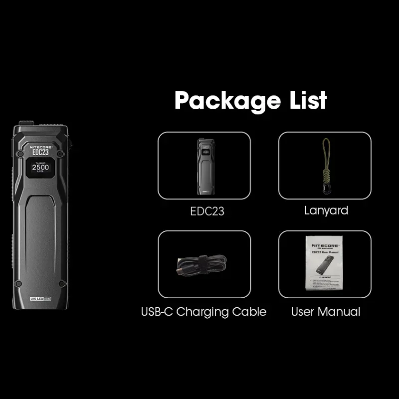 NITECORE EDC23 USB-C linterna táctica recargable pantalla OLED 2 * LED 2500 lúmenes bolsillo pequeña antorcha EDC batería de Li incorporada