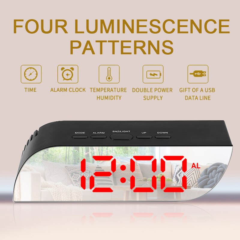 Rectangle Multi-function Desk Clocks Digital Mirror LED Alarm Clock Night Lights Thermometer Electronic Table Clock Home Decor