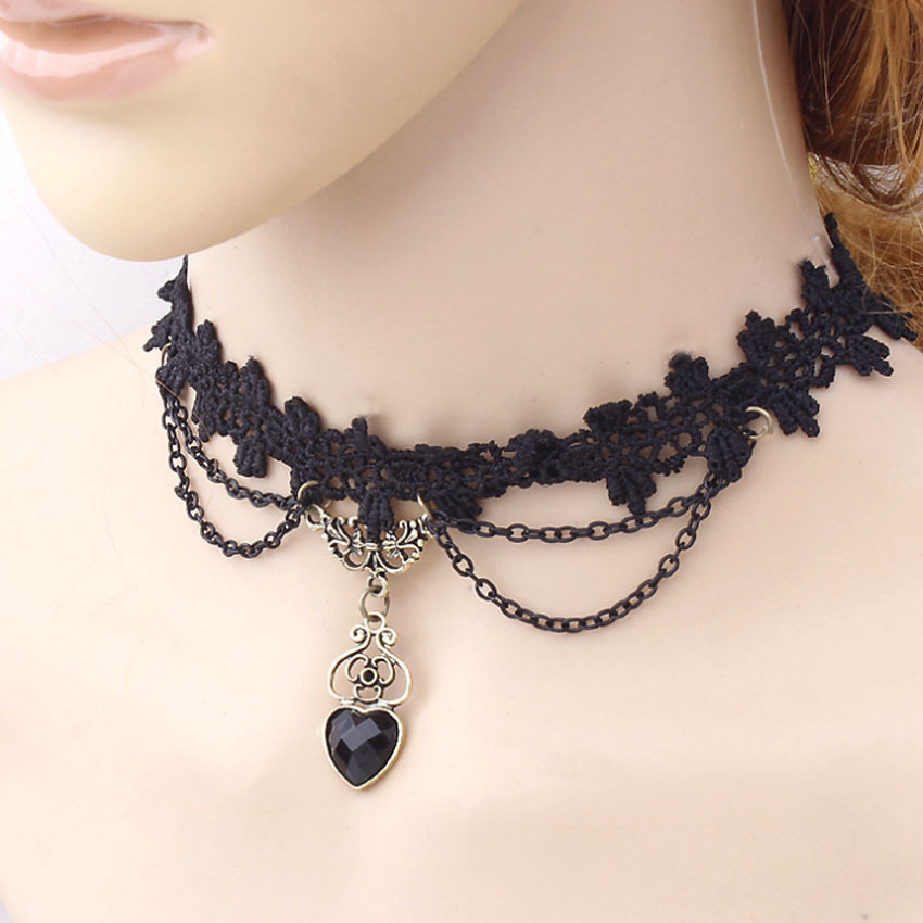 Kant Choker Ketting - Zwart Fluweel Hart Hanger - Gothic Nek Sieraden voor Dames: Blauw verzinkt