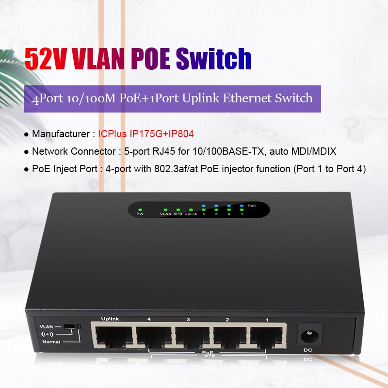 Ethernet Netwerk Switch Poe Switch Ondersteuning Verlengen 250M 52V Netwerk Switch Mini RJ45 5 Poort 4 Poe Poort + 1 Uplink Snelle Snelheid