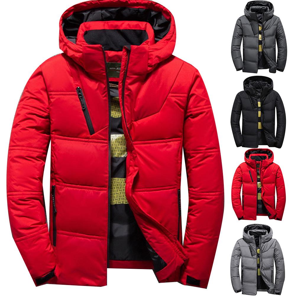 Men's Winter Solid Color Zipper Warm Hooded Down Jacket Outdoor Sport Parka Coat