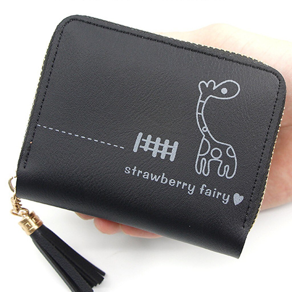 Femmes court gland imprimé à franges en cuir portefeuille femme Simple voyage en plein air de crédit porte-carte porte-monnaie Mini pochette: Black