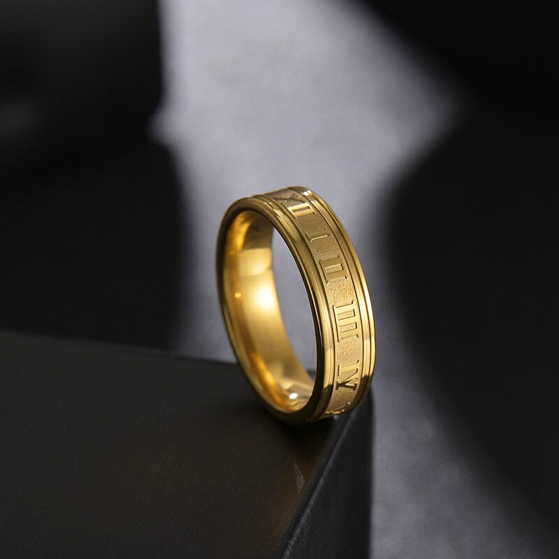 Letdiffery 6mm Punk Roman Numerals Rings Stainless Steel Women Men Jewelry For Party Size 5-13: 9 / Gold