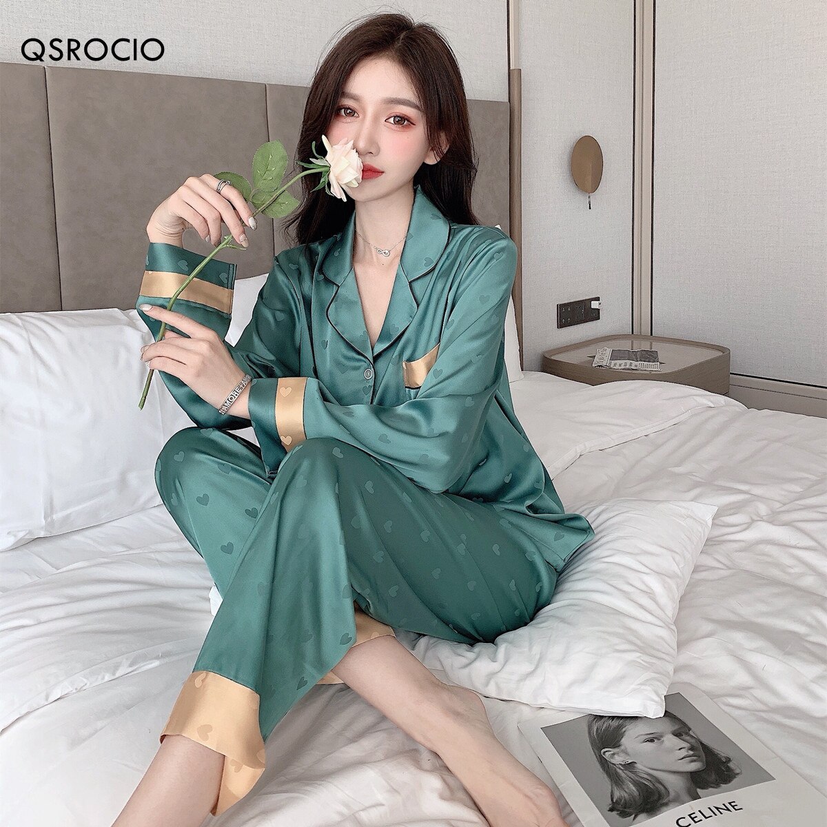 #39 kvinders pyjamas sæt sødt hjerte print nattøj silke lignende nattøj fritids hjemmetøj nattøj pyjamas femme: Grøn / M