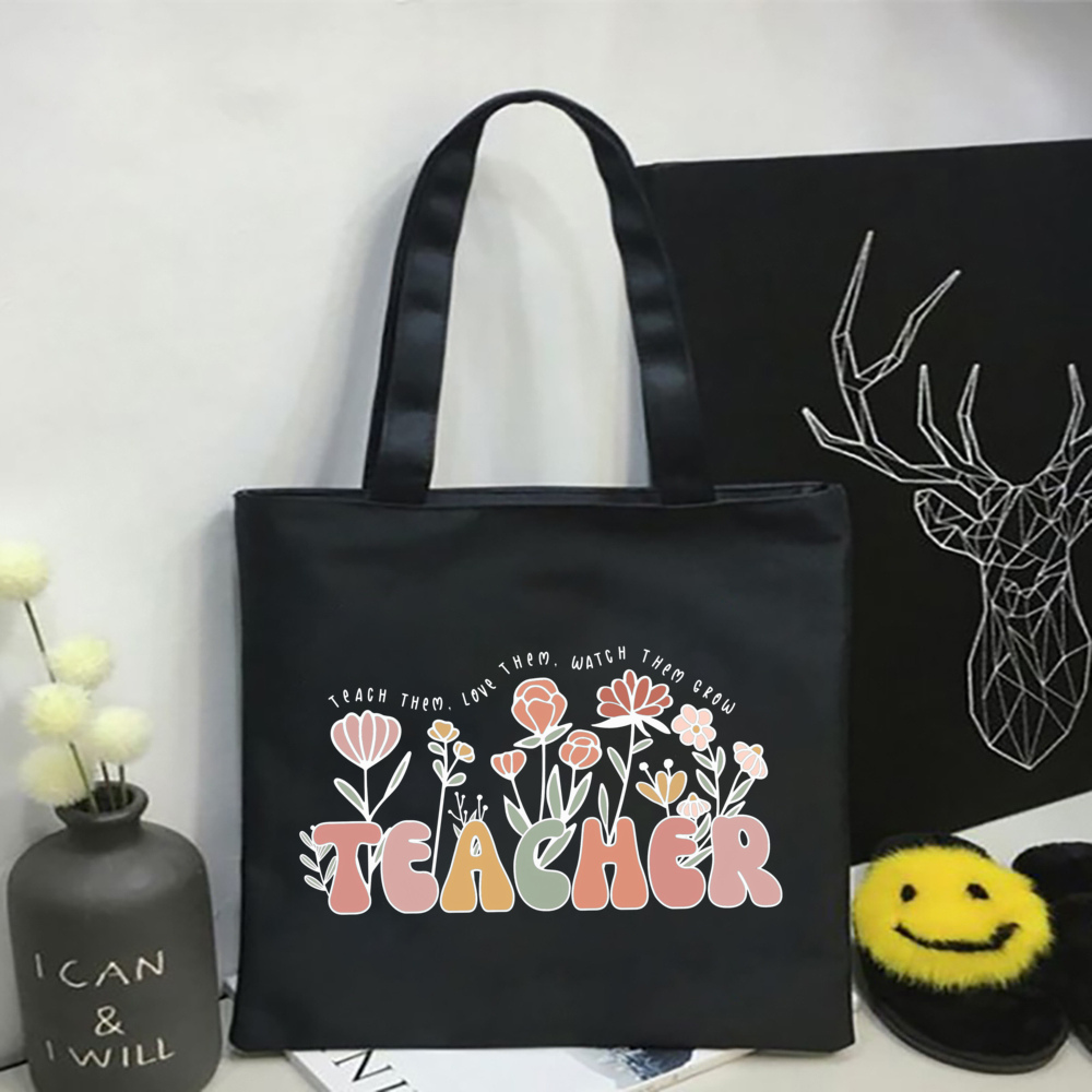 Blumen lehrer aufbringen Druck Einkaufstasche Frauen wieder verwendbare lässige Öko-Stoff Tasche Lehrer Werts ch ätzung besten Lehrer Schild: dunkel Grau