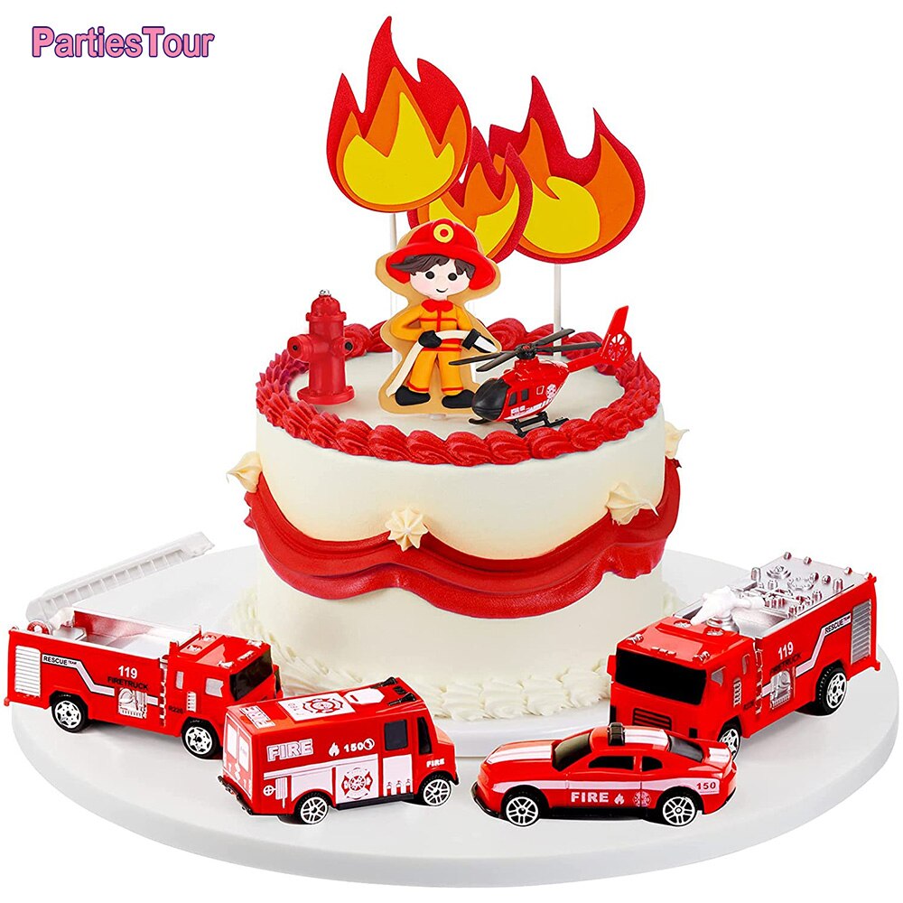 Fireman Cake Topper Fire Truck Happy Birthday Cake Topper Firefighter Themed Cake Decor for Adults Kids Birthday Party Supplies