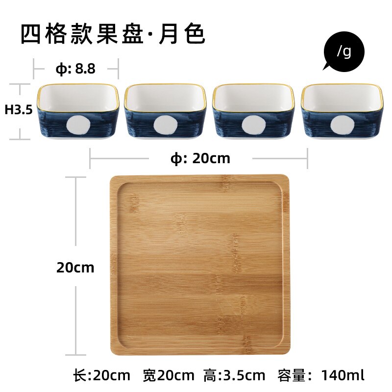 Plato divisor de cerámica para el hogar, bandeja de madera, plato de aperitivos de estilo japonés, con rejilla dividida, plato de fruta seca: J-4PCS