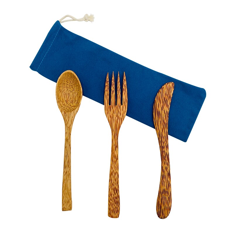 Kokoshouten bestek, herbruikbaar, zero waste, palmhouten lepel, vork, servies, biologisch afbreekbaar bamboe bestek, duurzaam keukengerei: Blauw
