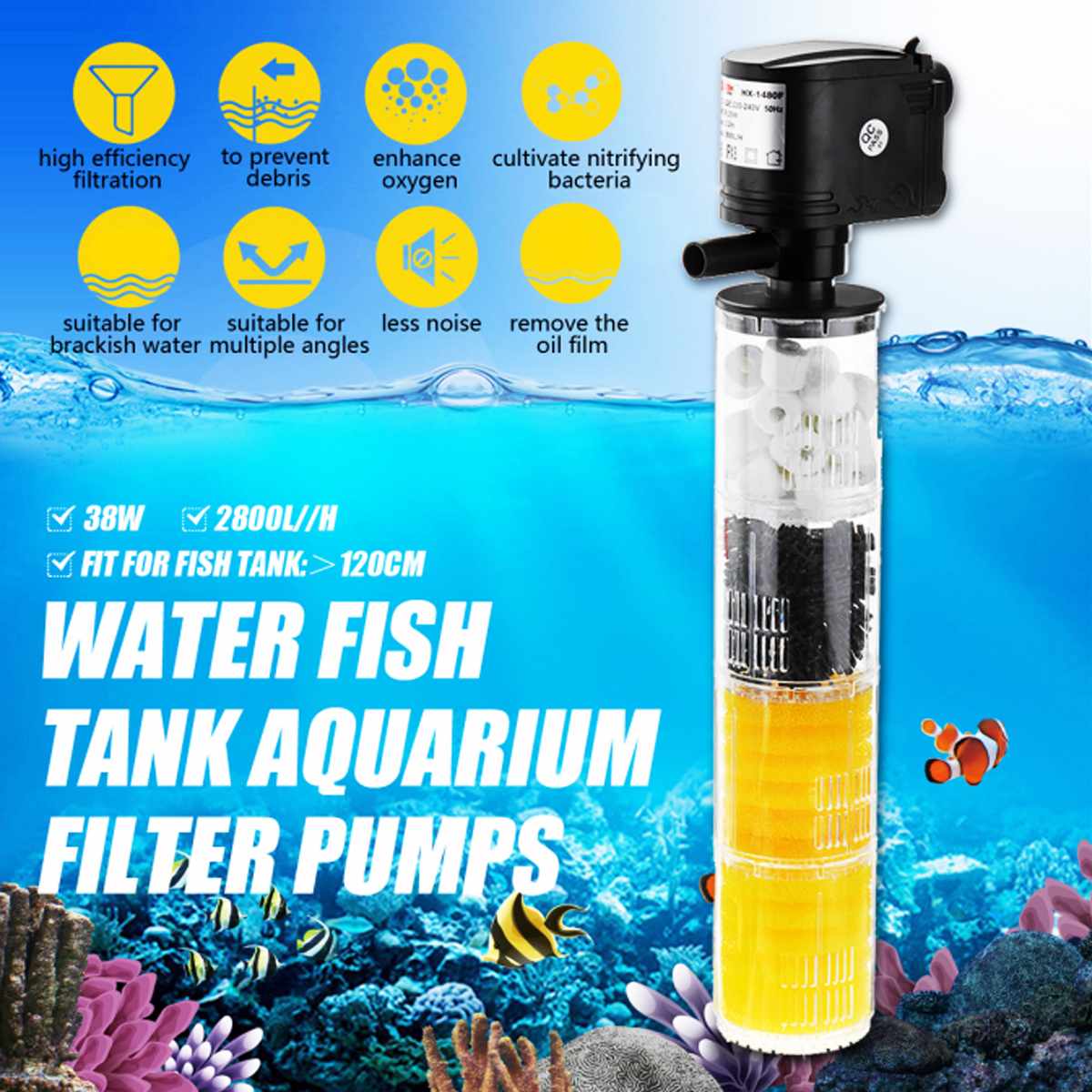 3 in 1 Mini Aquarium Filter Fish Tank Internal Filter 4 Layers Fish Tank Submersible Water Pump Air Oxygen Increase
