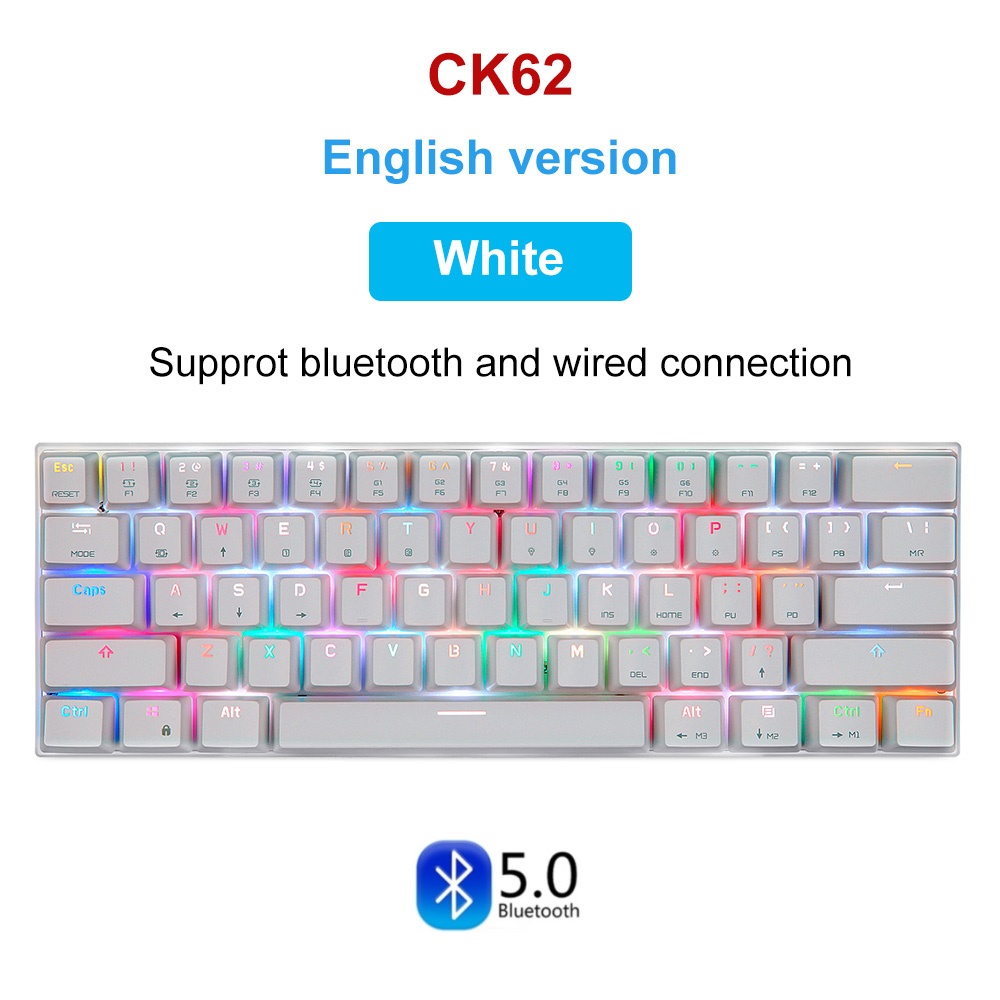 MOTOSPEED-Teclado mecánico CK61 CK62 para ordenador, periférico RGB para videojuegos en ruso e inglés, con todas las teclas Anti fantasma, para TV BOX y Gamer: CK62 White EN ver / Interruptor azul