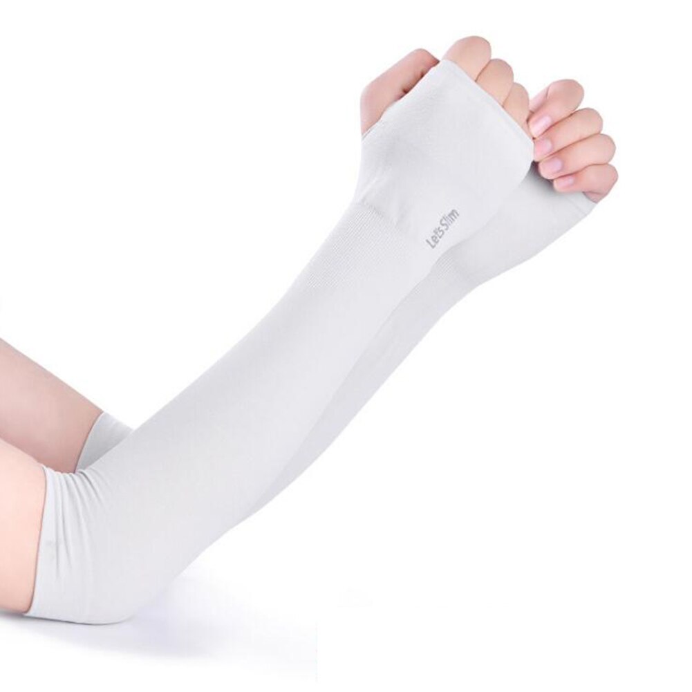 Mangas de brazo de seda helada, Protector solar, guantes largos, protección de mano UV, para exteriores brazo, calentador de medio dedo, 2 uds.: Blanco