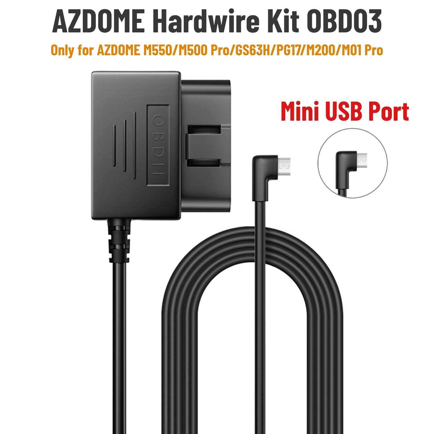 AZDOME Hardwire Bausatz OBD für AZDOME M550 M300S Bindestrich Nocken Parkkabel Mikro USB Hafen/Mini USB Hafen/Typ C Hafen 24H Parkplatz Monito: Weiß