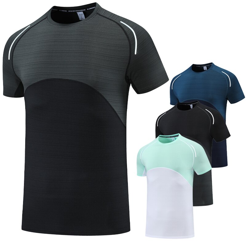 Running men jogging camisa de secagem rápida esportes casuais ao ar livre respirável manga curta impressão retalhos reflexivo ginásio tênis tshirts