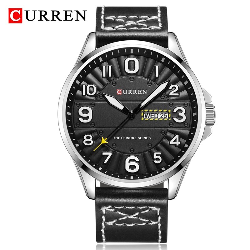 CURREN-reloj analógico con correa de cuero para hombre, accesorio de pulsera de cuarzo resistente al agua con cronógrafo, complemento masculino deportivo de de lujo con moderno: Black